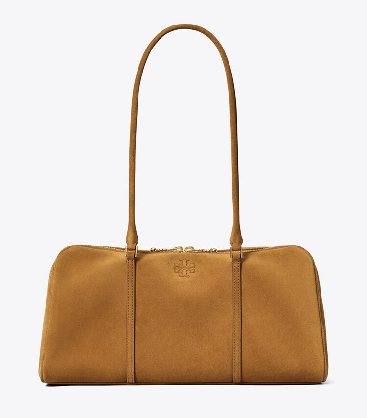 Tory Burch designer satchels Marshmallow Suede Satchel in CHICORY BROWN front