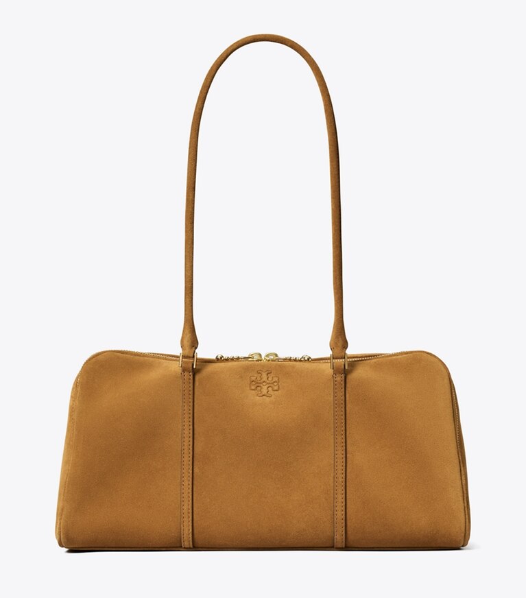Tory Burch designer satchels Marshmallow Suede Satchel in CHICORY BROWN angle