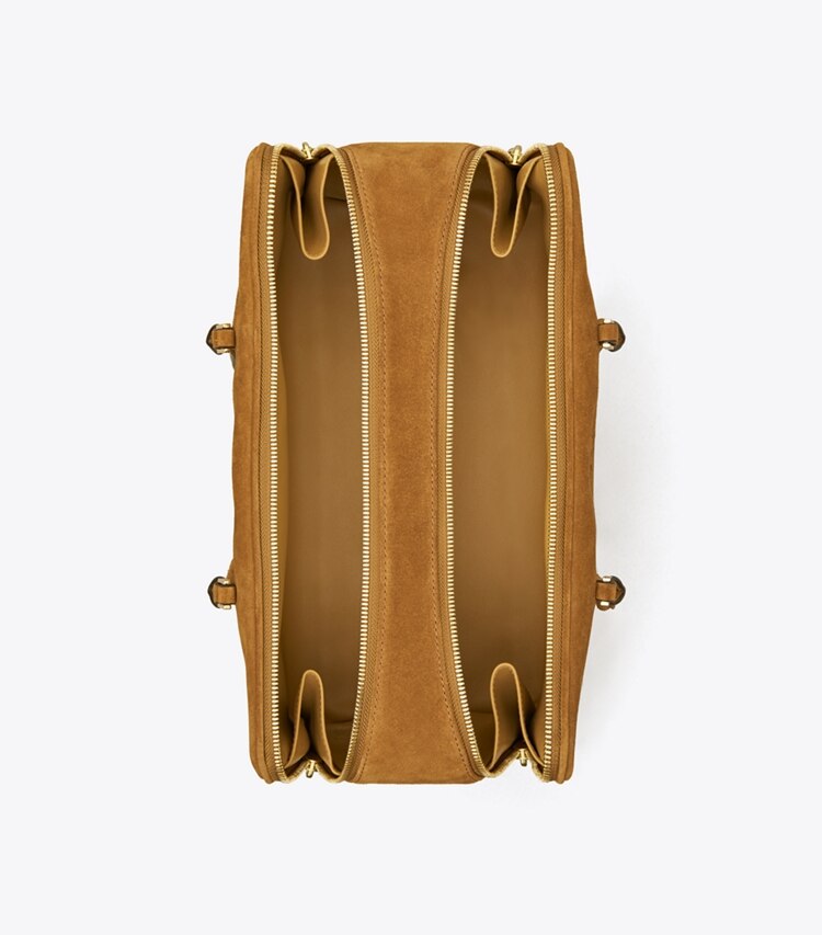 Tory Burch designer satchels Marshmallow Suede Satchel in CHICORY BROWN overhead