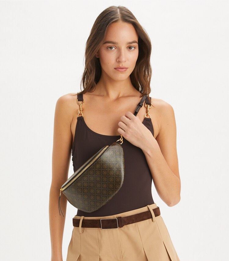 Tory Burch designer marsupio Marsupio in tela rivestita T Monogram in French Press accessory on model