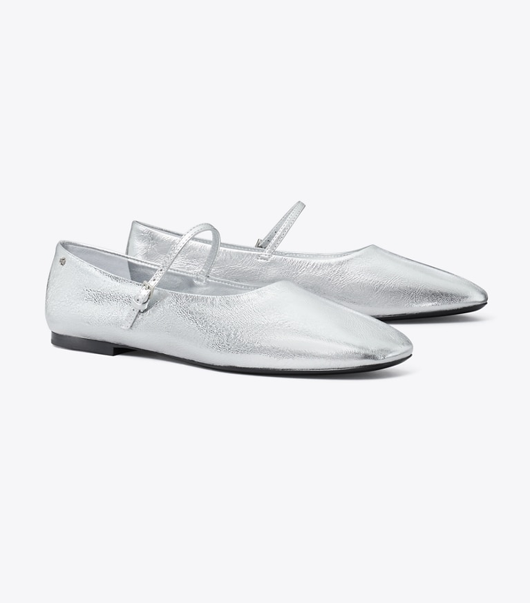 Tory Burch designer flats Mary Jane Ballet in SHINY SILVER angle