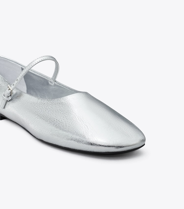 Tory Burch designer flats Mary Jane Ballet in SHINY SILVER detail