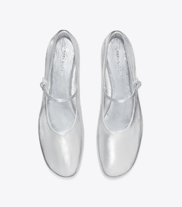 Tory Burch designer flats Mary Jane Ballet in SHINY SILVER angle