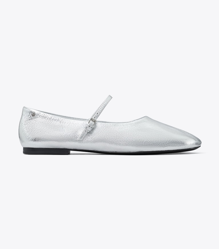 Tory Burch designer flats Mary Jane Ballet in SHINY SILVER angle