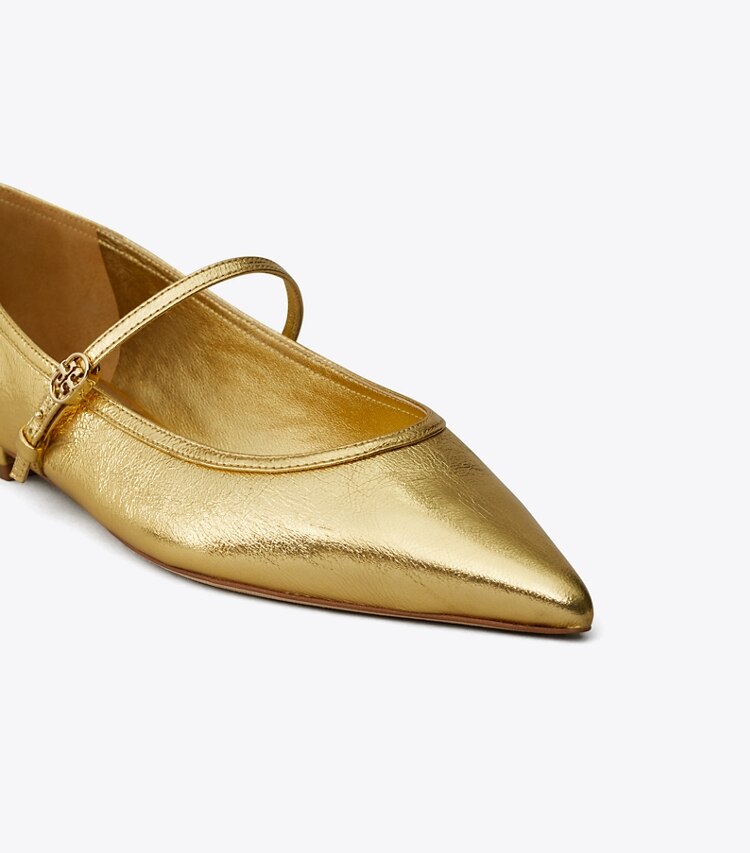 Tory Burch designer mocassini Mary Jane con fibbia e doppia T in SPARK GOLD dettaglio