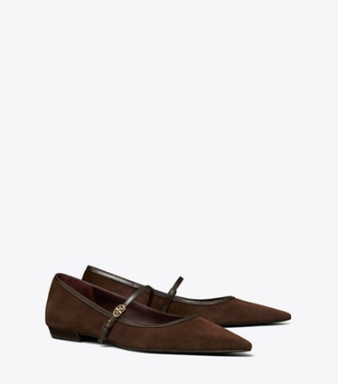 Tory Burch diseñador zapatos planos Mary Jane con hebilla doble T en DARK COCOA / DARK COCOA ángulo