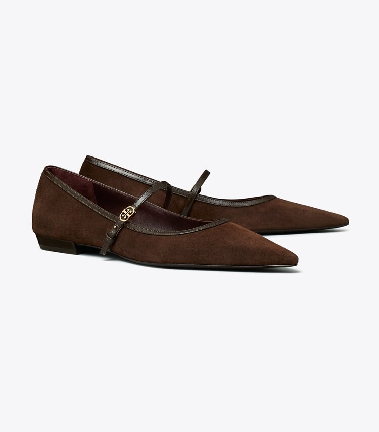 Tory Burch diseñador zapatos planos Mary Jane con hebilla doble T en DARK COCOA / DARK COCOA ángulo