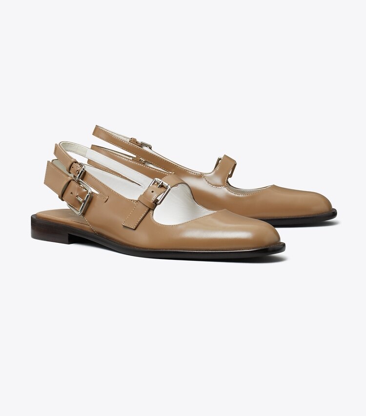 Tory Burch diseñador zapatos planos Mary Jane con varias hebillas en SOFT ACORN ángulo