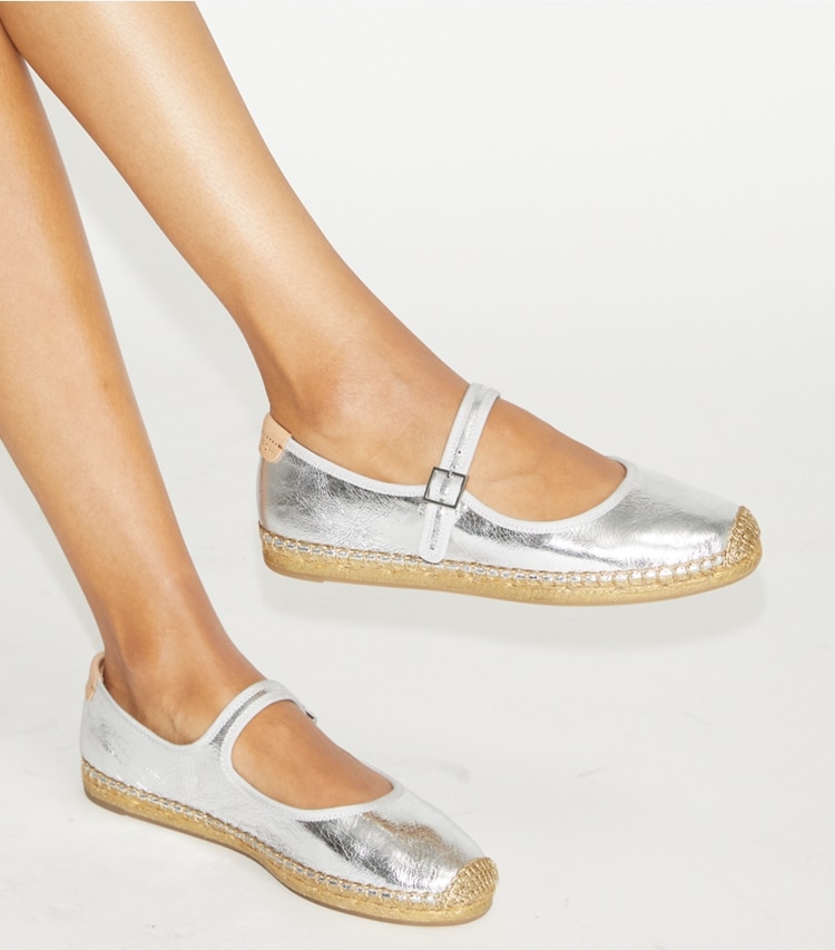 Tory Burch designer espadrilles Mary Jane Espadrille in SILVER / GRAY / NATURAL additional on model
