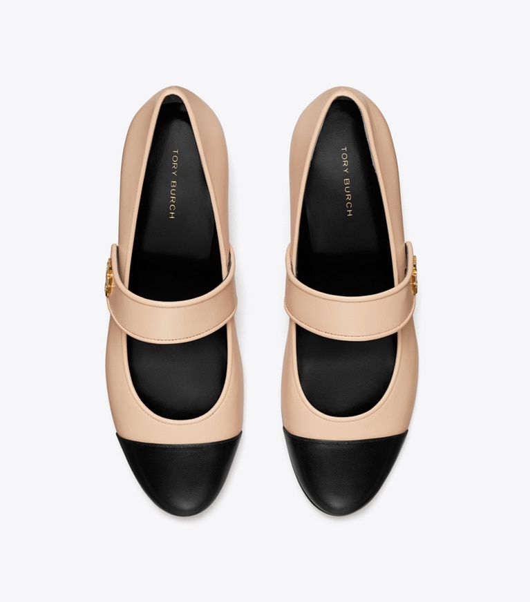 Tory Burch designer loafers Mary Jane Flat mit Zehenkappe und Absatz in ROSE SILK / PERFECT BLACK angle