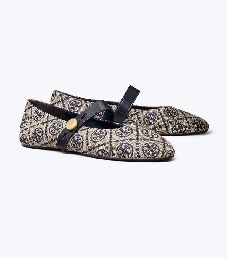 Tory Burch diseñador zapatos planos Mary Jane Romy en NAVY T MONOGRAM ángulo