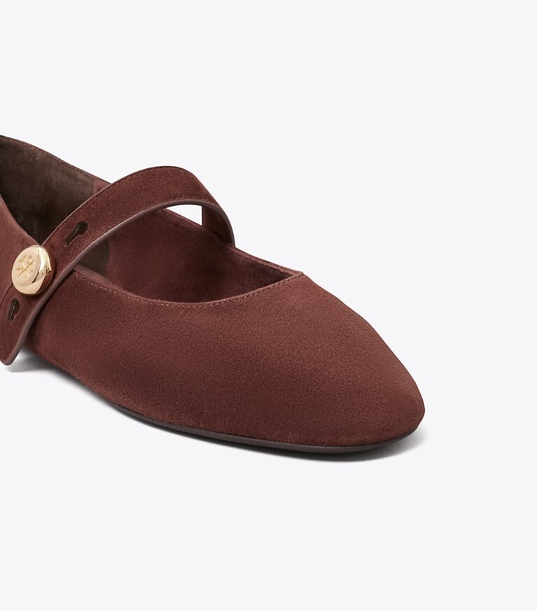 Tory Burch diseñador zapatos planos Mary Jane Romy en WARM BROWN detalle