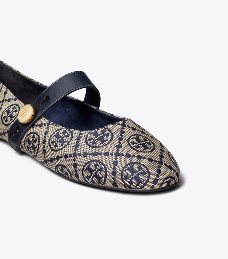 Tory Burch diseñador zapatos planos Mary Jane Romy en NAVY T MONOGRAM detalle