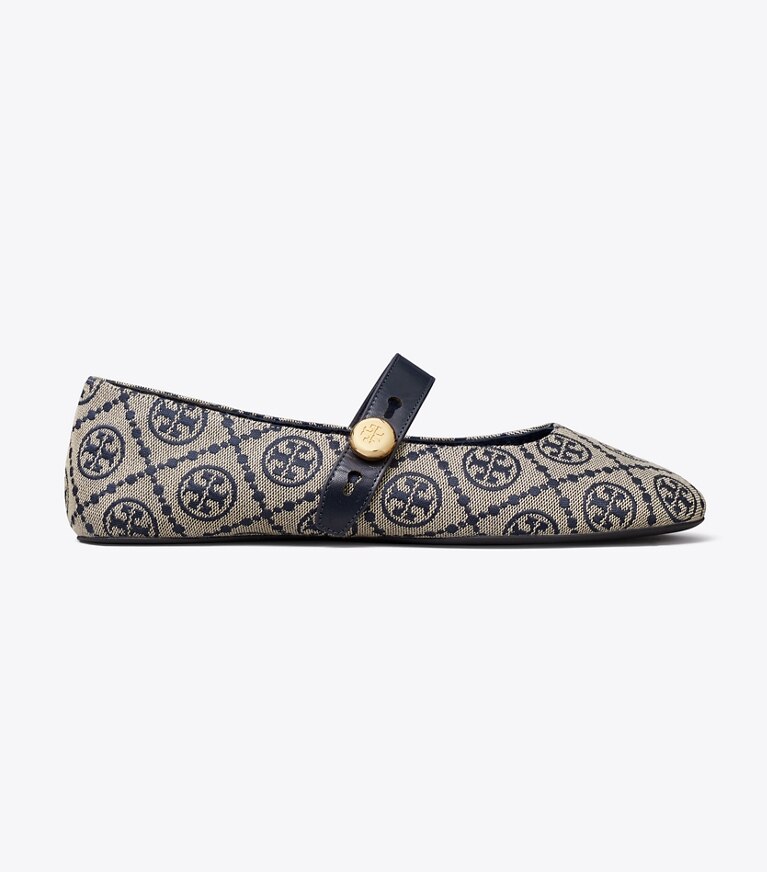 Tory Burch diseñador zapatos planos Mary Jane Romy en NAVY T MONOGRAM lateral