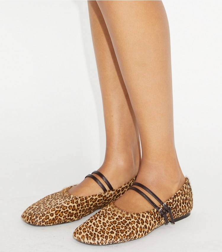 Tory Burch designer flats Mary Jane Two-Band Ballet in LEOPARD MULTI additional on model