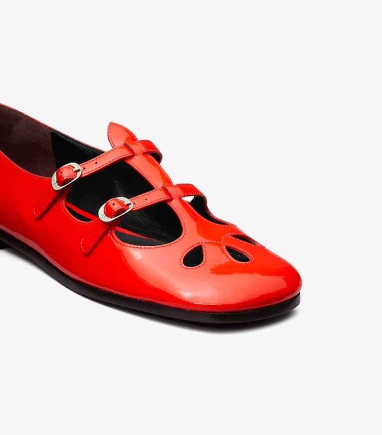 Tory Burch diseñador zapatos planos Mary Jane violeta en BLAZING RED detalle