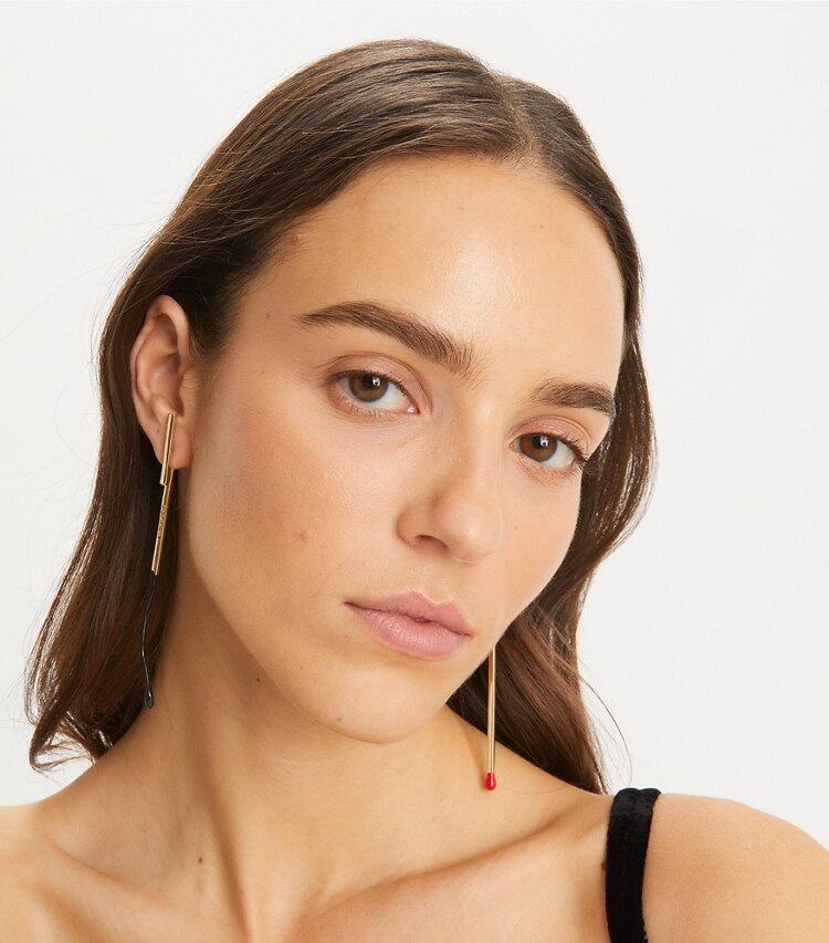 Tory Burch designer earrings Matchstick Earring in GOLD / Red / Black accessory on model