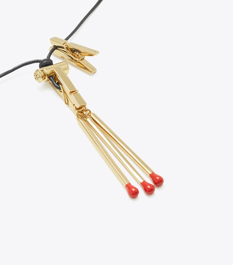 Tory Burch designer necklaces Matchstick Necklace in Rolled Light Brass / Vachetta front