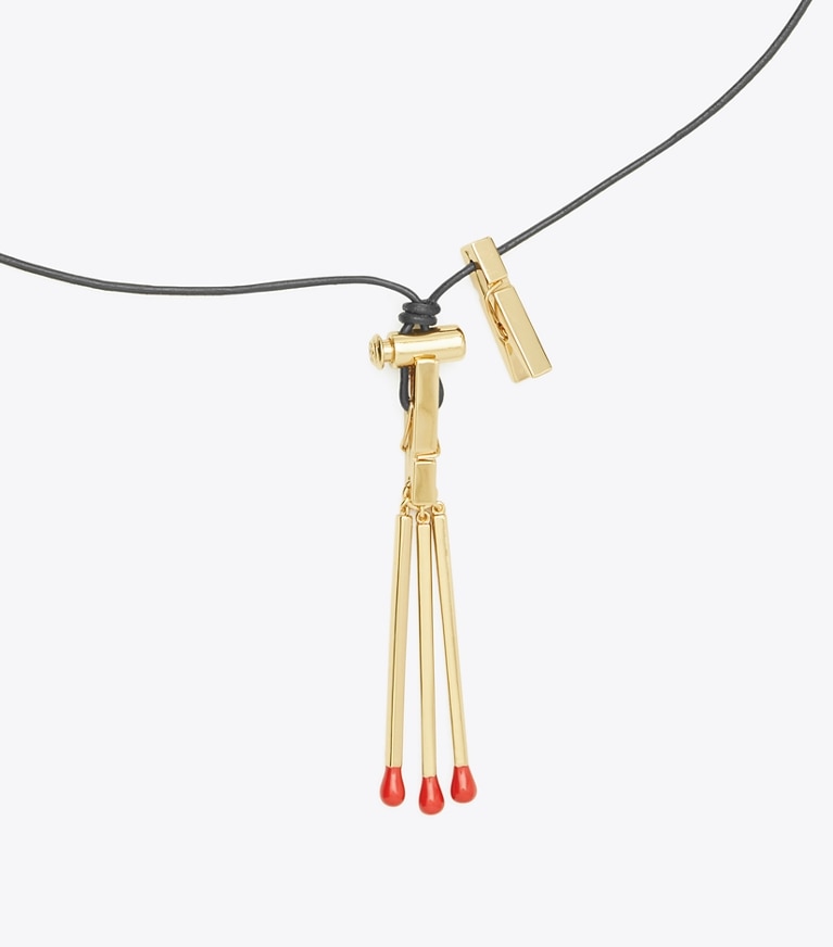 Tory Burch designer necklaces Matchstick Necklace in Rolled Light Brass / Vachetta front
