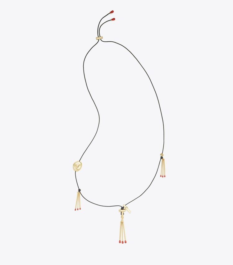 Tory Burch designer necklaces Matchstick Necklace in Rolled Light Brass / Vachetta front