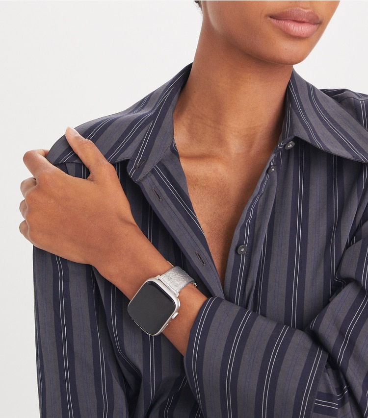 Tory Burch designer watches tory track smart watches McGraw Band for Apple Watch®, Metallic Leather in SILVER accessory on model