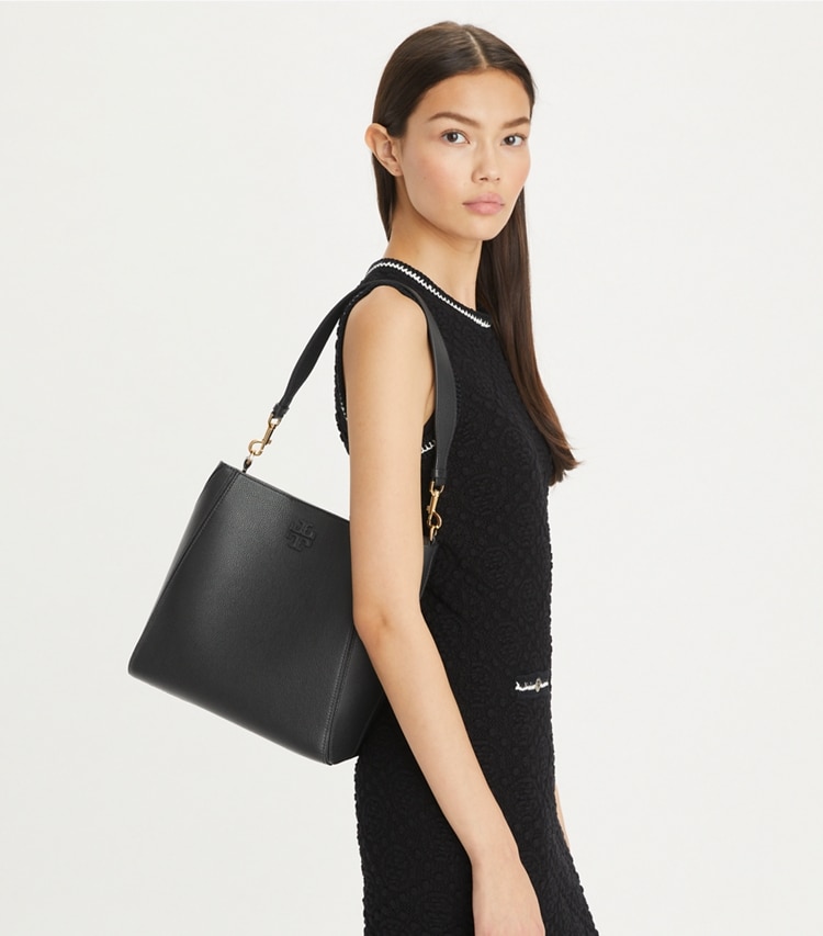 Tory Burch designer hobo bags McGraw Bucket Bag in Black accessory on model