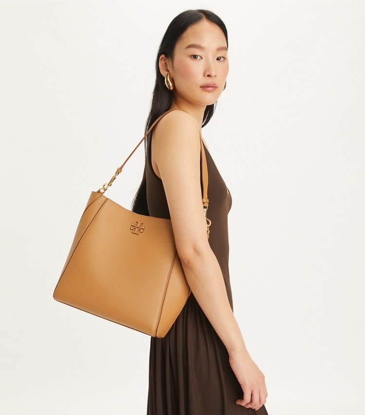 Tory Burch designer hobo bags McGraw Bucket Bag in Tiramisu accessory on model