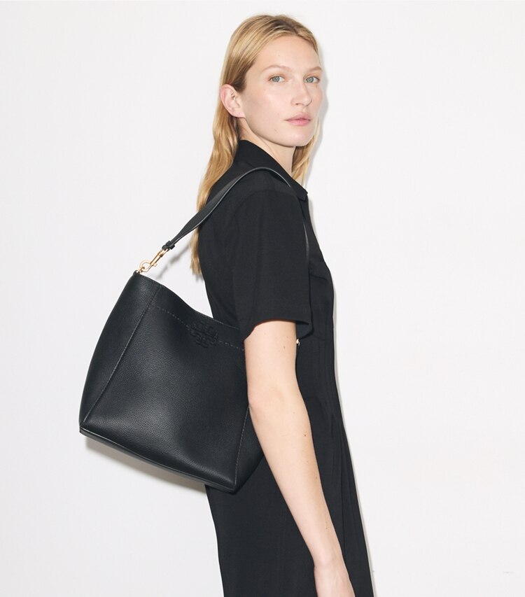 Tory Burch designer hobo bags McGraw Bucket Bag in Black accessory on model