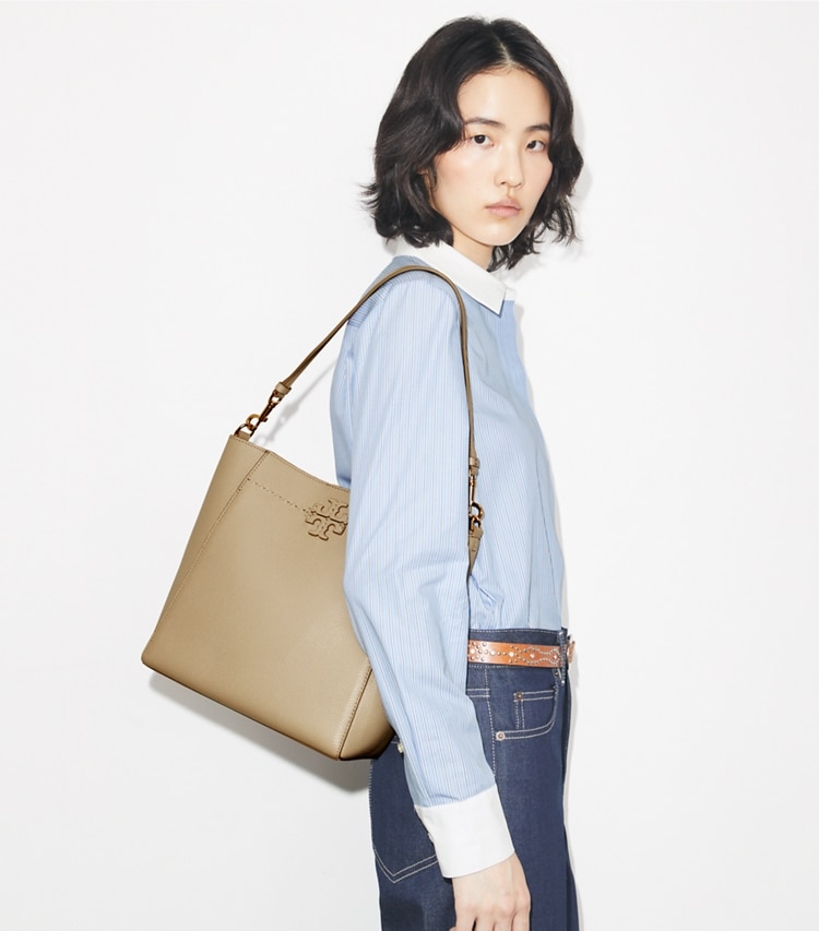 Tory Burch designer hobo bags McGraw Bucket Bag in Fresh Clay accessory on model