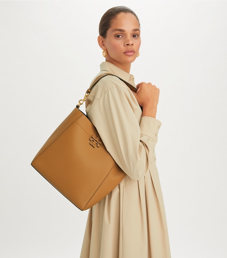 Tory Burch designer hobo bags McGraw Bucket Bag in Tiramisu accessory on model