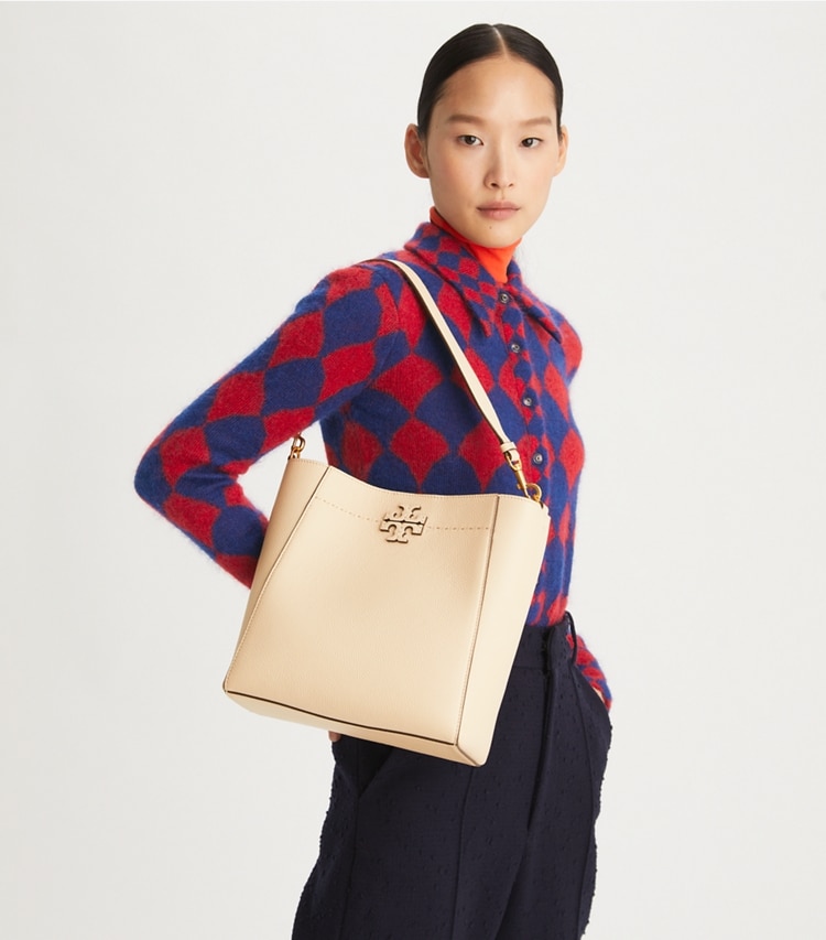Tory Burch designer hobo bags McGraw Bucket Bag in BRIE accessory on model
