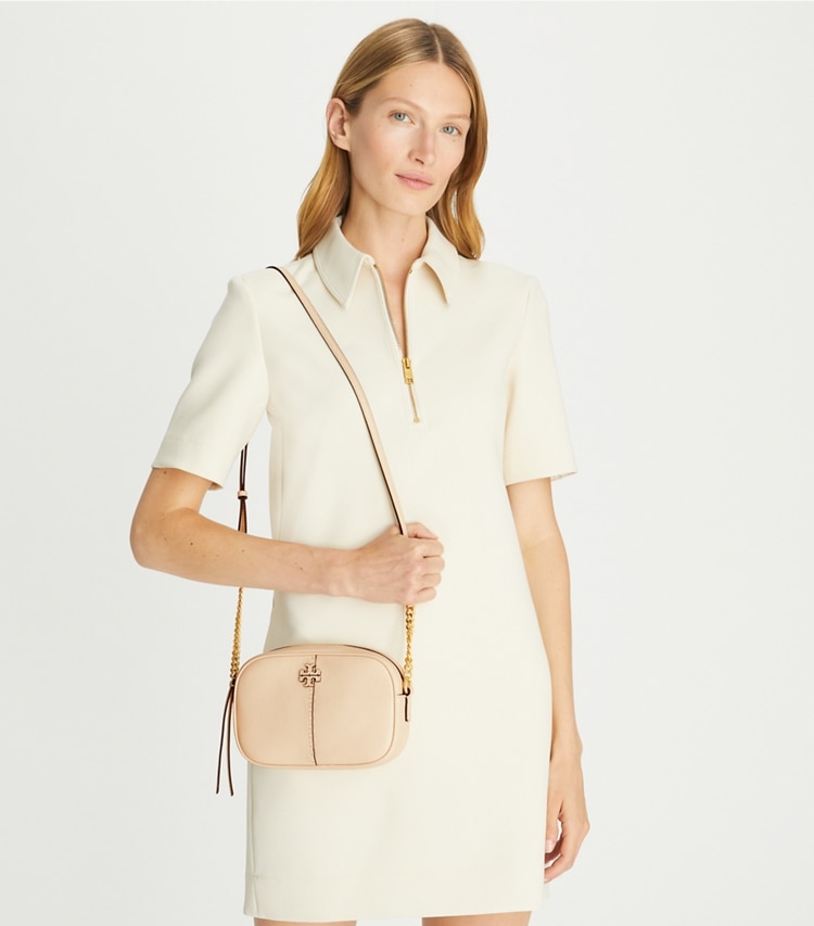 Tory Burch designer crossbody bags McGraw Camera Bag in BRIE accessory on model