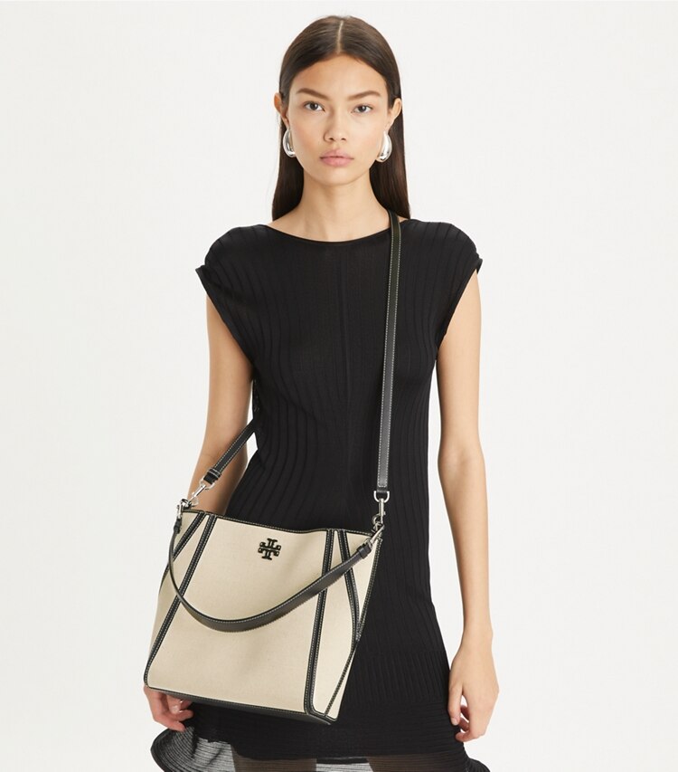 Tory Burch designer hobo bags McGraw Canvas Bucket Bag in Natural Multi additional on model