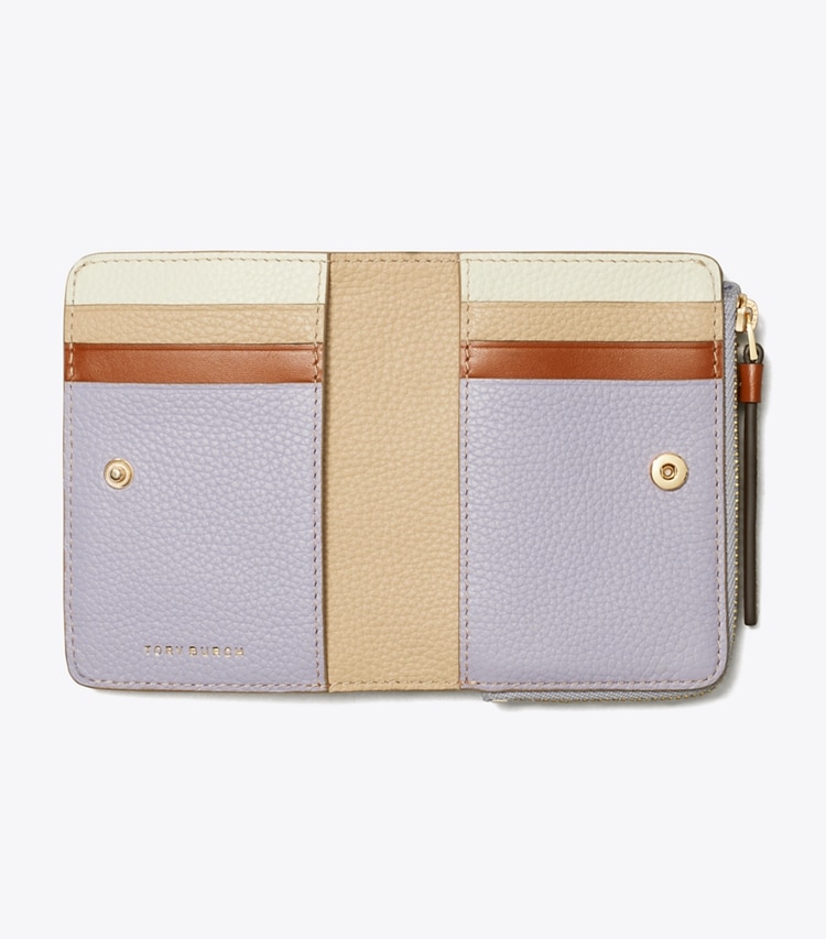 Tory Burch designer 財布 マックグロー カラーブロック バイフォールド ウォレット in Lilac Multi オーバーヘッド