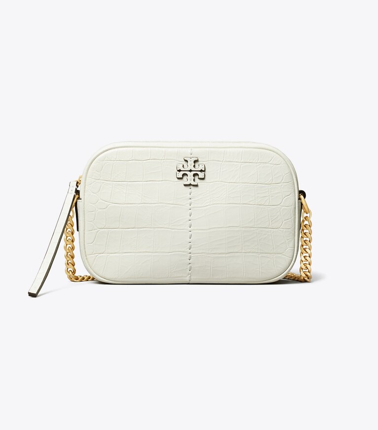 Tory Burch designer crossbody bags McGraw Croc Embossed Camera Bag in Optic White angle