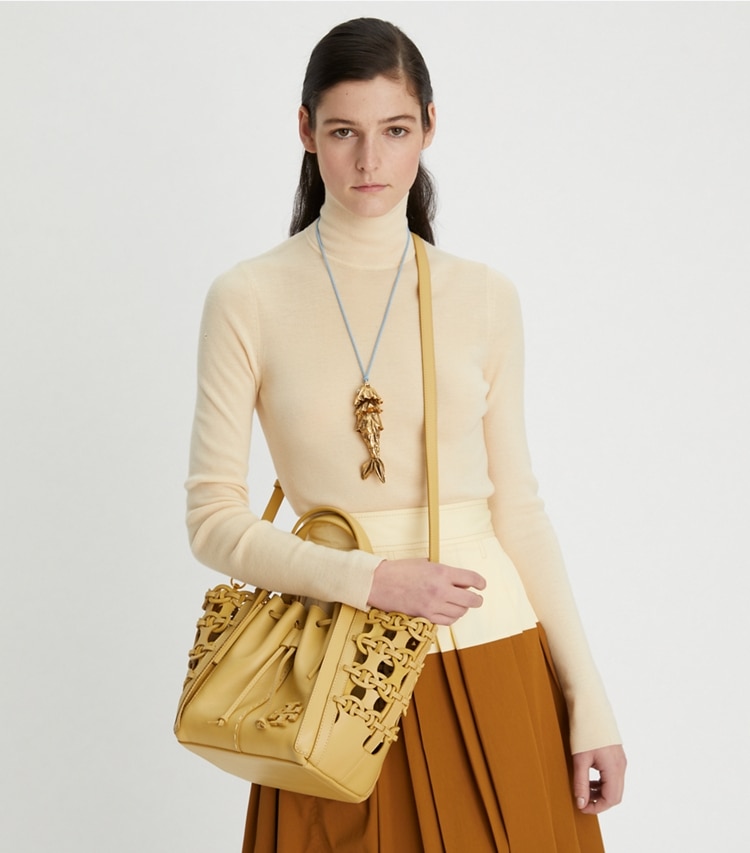 Tory Burch designer satchels McGraw Die-Cut Dragonfly in BEESWAX additional on model