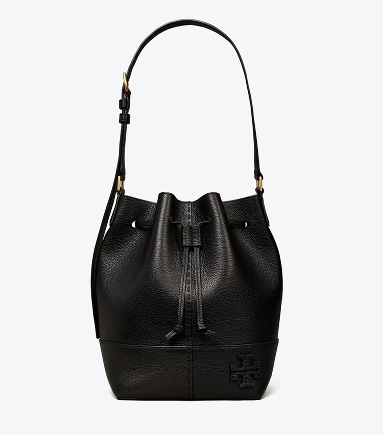 Tory Burch designer crossbody bags McGraw Drawstring Bucket Bag in Black front