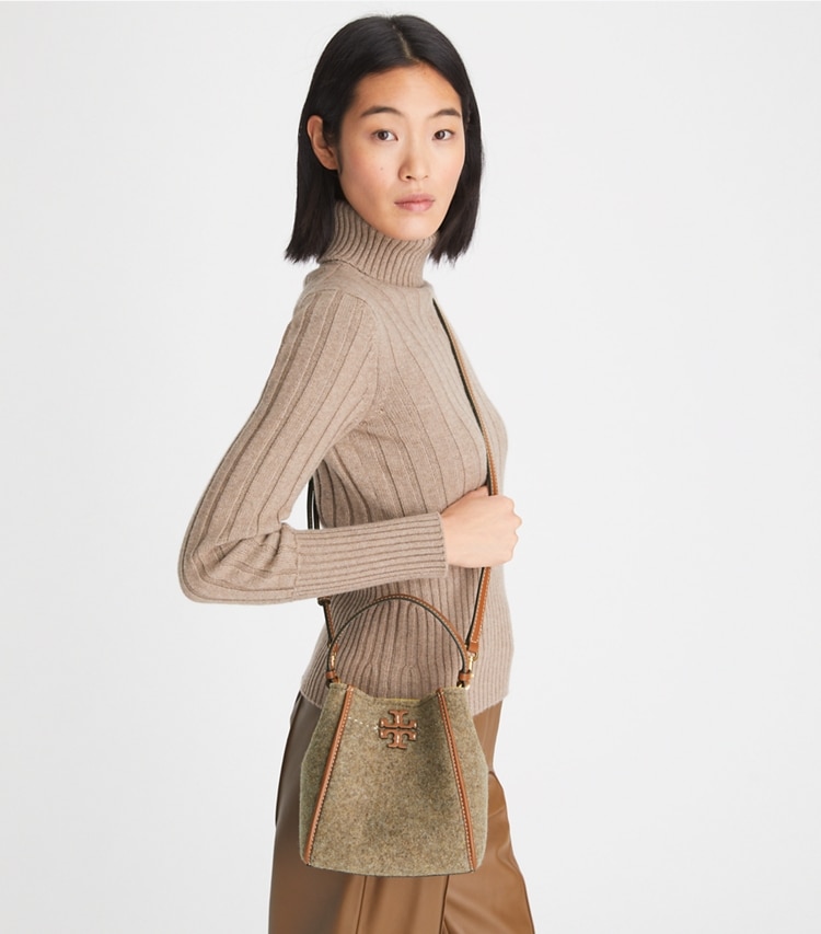Tory Burch designer crossbody bags McGraw Felt Small Bucket Bag in Classic Taupe accessory on model