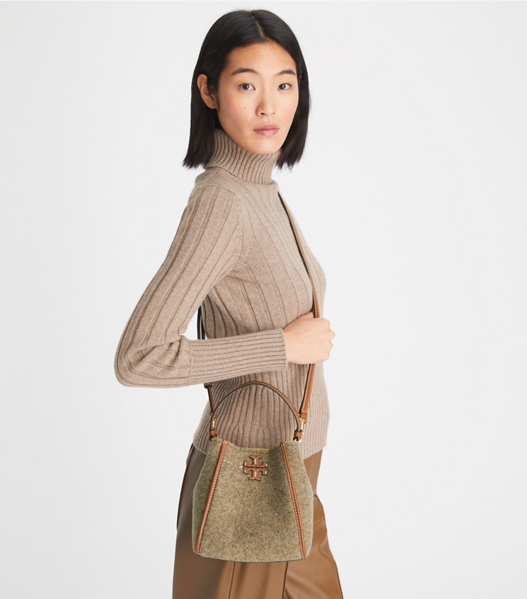 Tory Burch designer crossbody bags McGraw Felt Small Bucket Bag in Classic Taupe angle