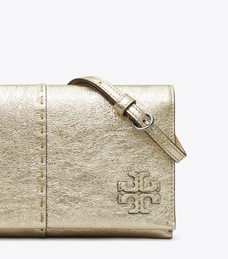 Tory Burch designer mini bags McGraw Metallic Wallet Crossbody in Gold detail