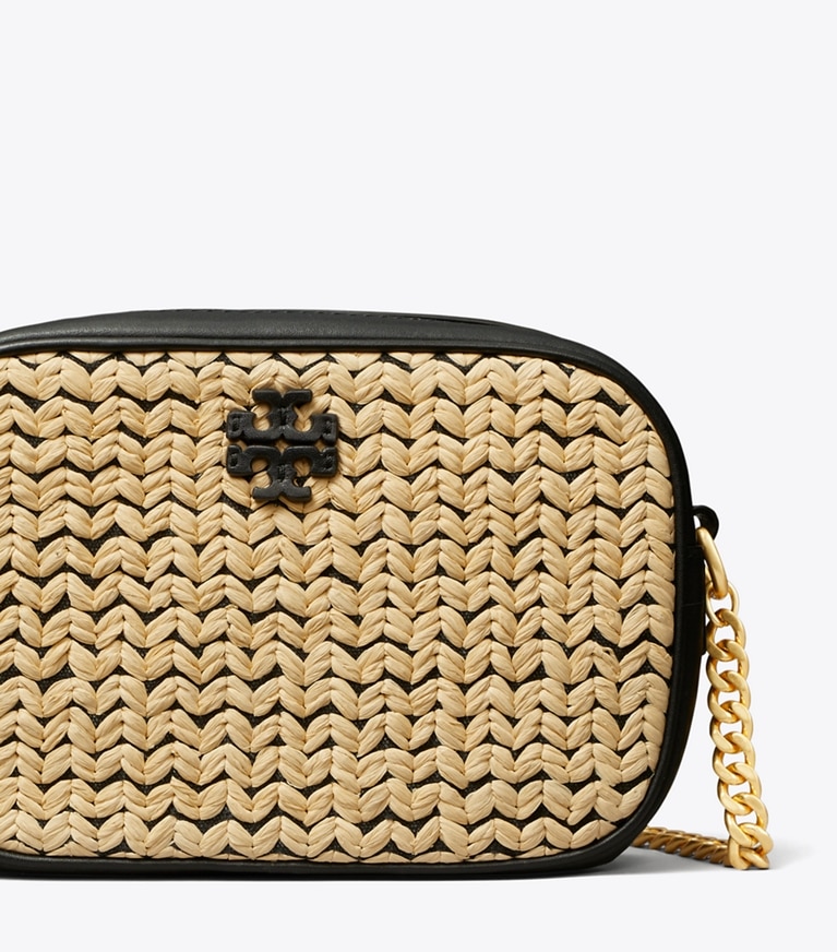 Tory Burch designer crossbody bags McGraw Raffia Camera Bag in Black / Natural angle