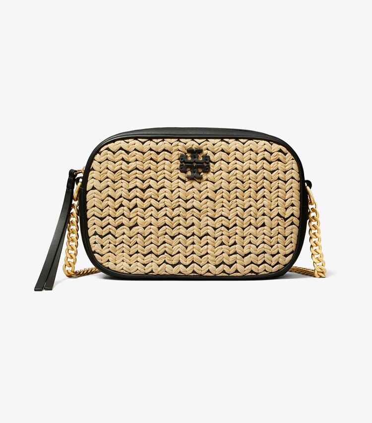 Tory Burch designer crossbody bags McGraw Raffia Camera Bag in Black / Natural front