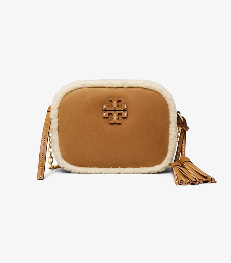 Tory Burch designer crossbody bags McGraw Shearling Camera Bag in Dark Tiramisu front