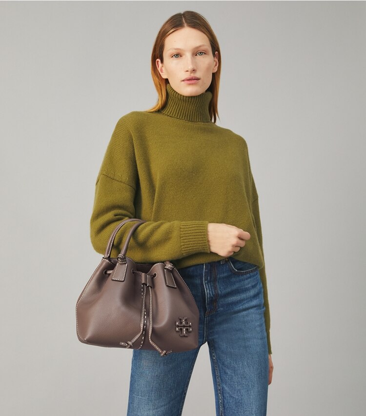 Tory Burch designer satchels McGraw Small Drawstring Satchel in Silver Maple accessory on model