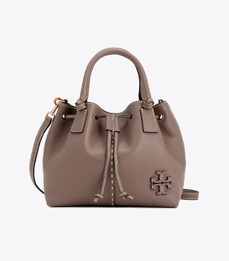 Tory Burch designer satchels McGraw Small Drawstring Satchel in Silver Maple front
