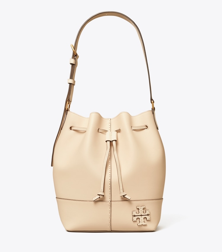 Tory Burch designer crossbody bags McGraw Smooth Drawstring Bucket Bag in BRIE front