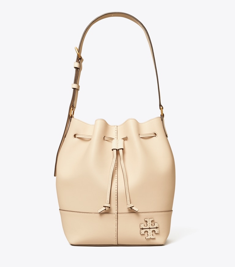 Tory Burch designer crossbody bags McGraw Smooth Drawstring Bucket Bag in BRIE angle
