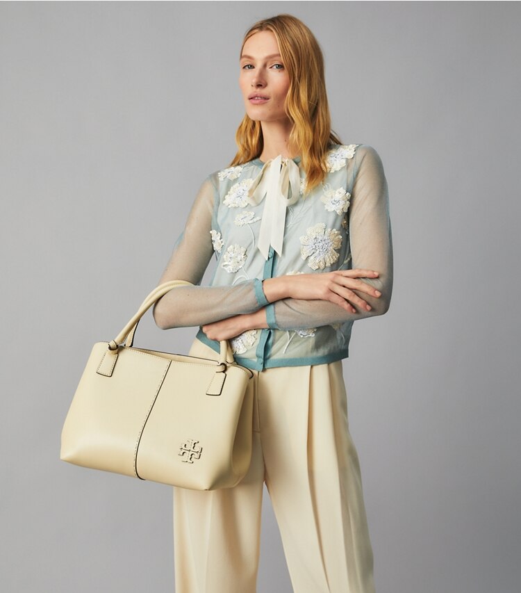 Tory Burch designer satchels McGraw Smooth Satchel in Buttermilk accessory on model