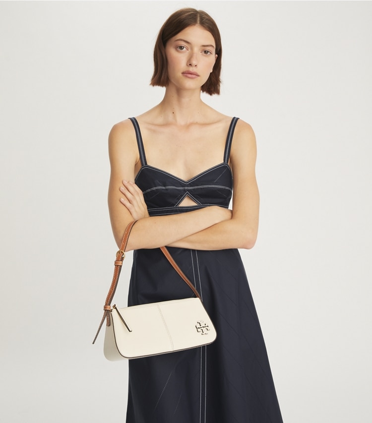 Tory Burch designer shoulder bags McGraw Spazzolato Wedge in Light Cream accessory on model