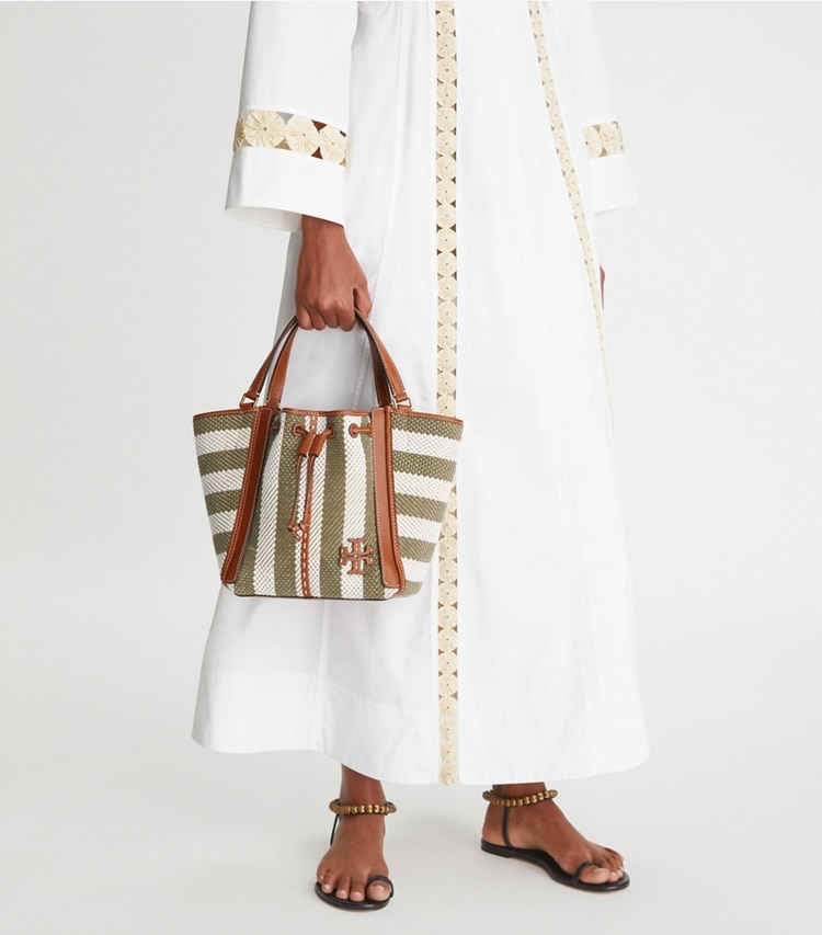 Tory Burch designer satchels McGraw Stripe Dragonfly in Multi accessory on model
